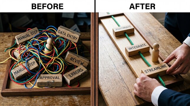 Business process improvement concept with wooden blocks and ropes showing before and after workflow optimization