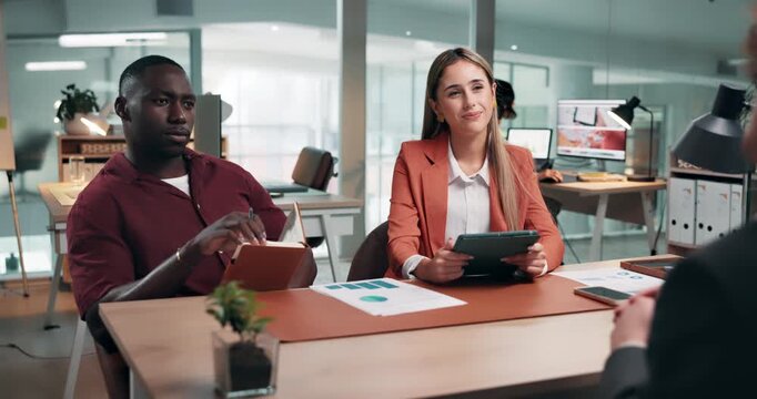 HR, talking and business people with applicant, interview or listening to qualifications in meeting. Hiring, company and discussion with candidate for job opportunity, questions and team with tablet