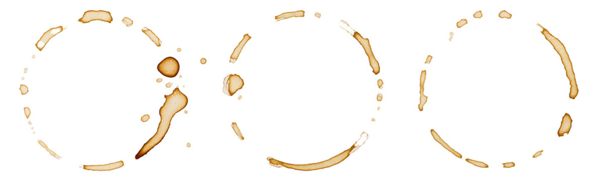 Coffee cup ring stains and splatters set, isolated on transparent background