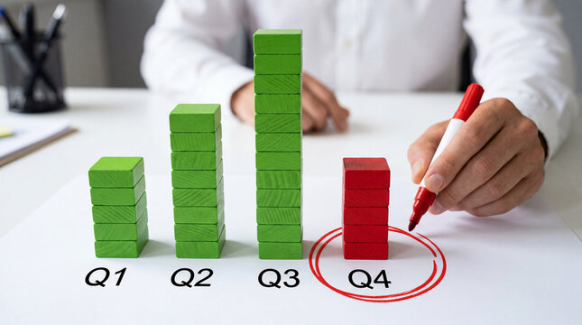 Business performance chart with wooden blocks showing quarterly results and red marker circling Q4 for decline concept