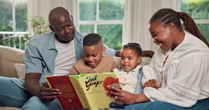 Parents, kids and reading book for bonding in home with literature, storytelling or support. Black family, children and relax on couch for literacy development, language or conversation for knowledge