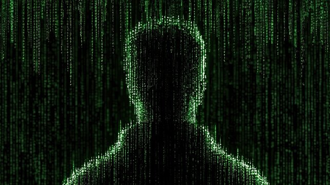 Digital silhouette of a person emerging from falling green binary code