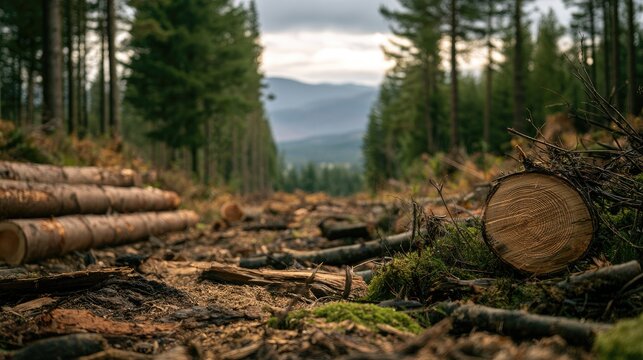 Clearcut forest with felled logs and distant mountains under a cloudy sky