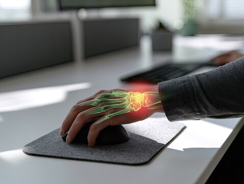 Overlaid bones highlight wrist discomfort from computer mouse use