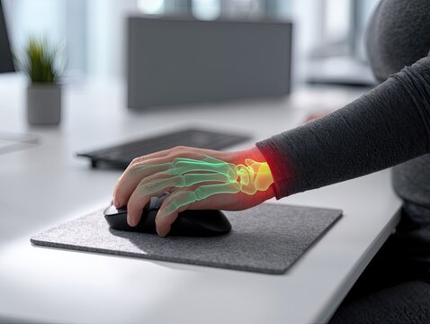 Person's wrist with glowing bones, experiencing pain while using a computer mouse
