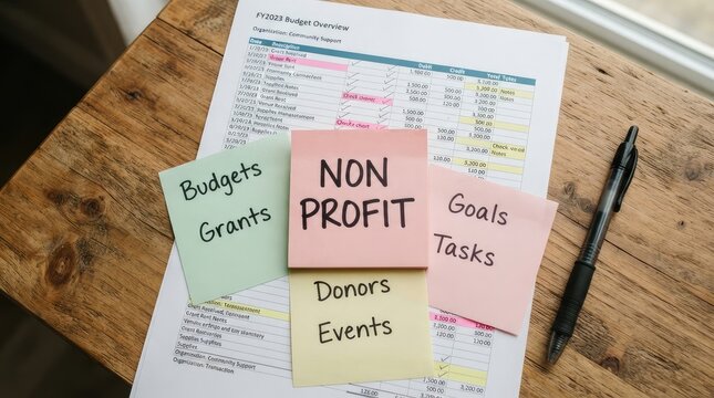 Nonprofit organization budget planning with color coded sticky notes with tasks wooden surface under soft indoor lighting budget overview spreadsheet