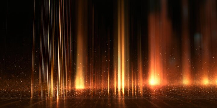 Abstract golden beams ascend from a shimmering, granular floor into darkness