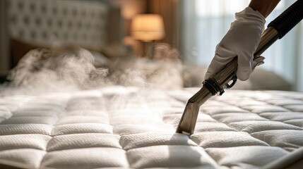 Naklejka premium Professional cleaning of a quilted mattress with a steam extractor