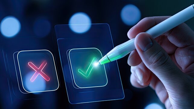Hand selects correct choice on glowing digital interface, rejecting wrong