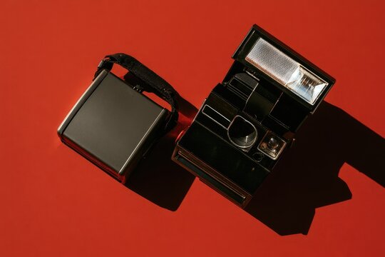 Vintage instant camera and flash unit on a red surface