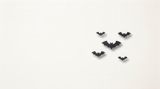 Cute black paper bats flying on white background; Halloween decoration concept; Festive dark animal silhouettes Halloween