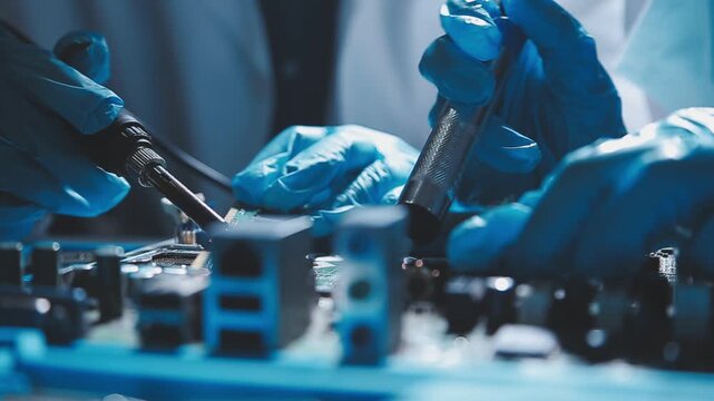 Closeup of a gloved hand installing a microchip on a blue motherboard. Perfect for concepts of AI development, hardware engineering, and IT infrastructure assembly in a digital world.