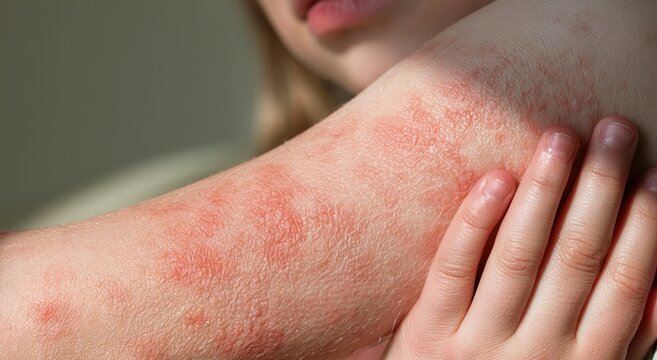 Close-up of a child's arm with red, irritated, and inflamed skin rash