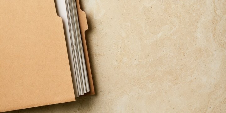 A brown file folder holds several documents on a textured, light-colored surface