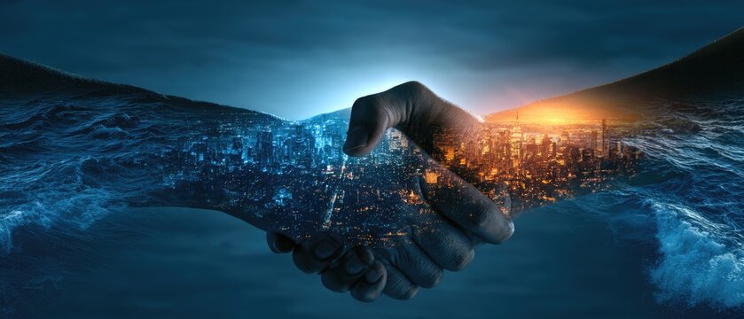Two hands clasping, superimposed with contrasting cityscapes and ocean waves