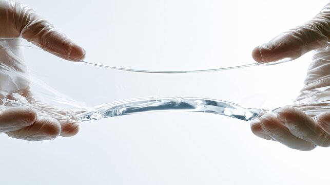 Transparent, flexible material stretched between gloved hands, light background