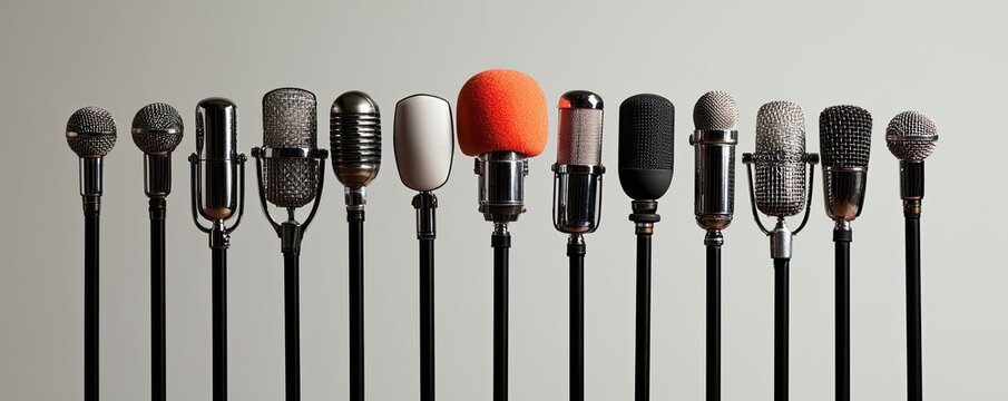 A diverse collection of vintage and modern microphones stand in a row