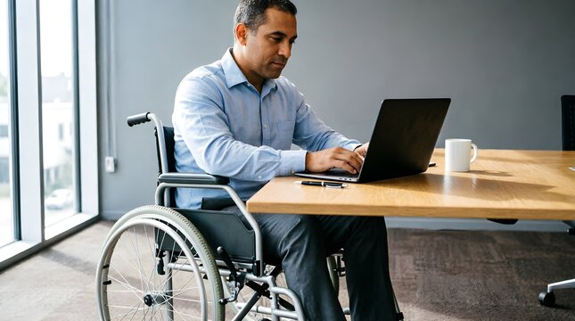 A professional wheelchair user works on his laptop at a bright office desk, reflecting workplace accessibility, disability inclusion, and diversity in modern business