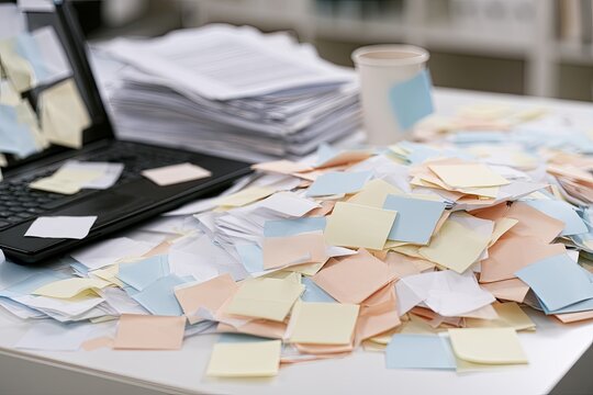 Desk piled high with sticky notes, papers, and a laptop