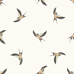 Obraz premium Watercolor swallow birds seamless pattern on ivory background