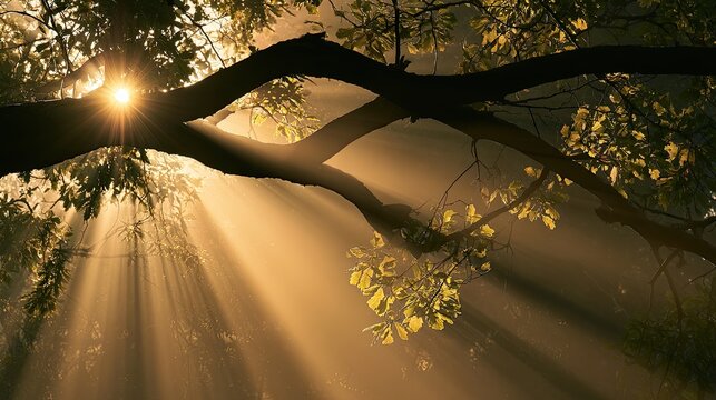 Golden sunbeams pierce through lush forest canopy, illuminating misty air
