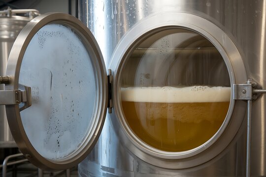 Beer brewing inside a large stainless steel metal tank