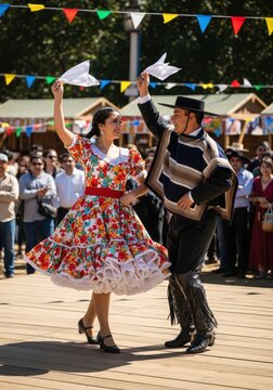 Couple Performing Traditional Chilean Cueca Dance in Folkloric Costumes at an Outdoor Festival Celebration