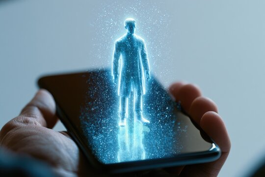 Futuristic digital projection of a person materializes from a modern handheld device