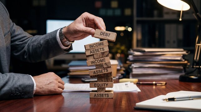 Businessman balancing wooden blocks labeled debt income assets equity liabilities on office desk at night