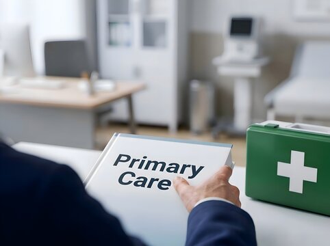 Primary Care Healthcare Concept with Primary Care Sign in Modern Medical Office, General Health Services, Patient Care and Medical Support
