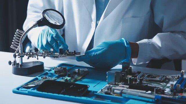 Closeup of a gloved hand installing a microchip on a blue motherboard. Perfect for concepts of AI development, hardware engineering, and IT infrastructure assembly in a digital world.