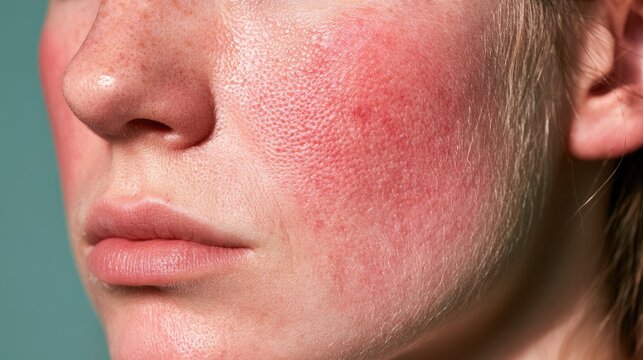 Close-up of a person's face showing flushed skin with visible redness and texture