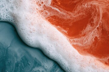 Fototapeta premium Abstract close-up of orange and blue liquids swirling with white foam