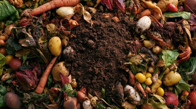 A rich, dark pile of compost surrounded by an assortment of fruits, vegetables, and plant matter