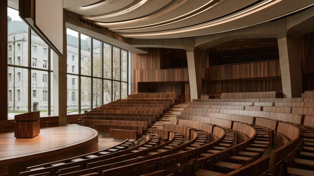 Modern auditorium with tiered wooden seating, stage, and large windows