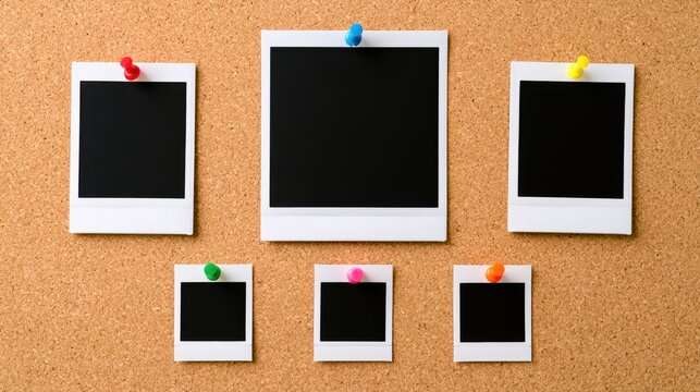 Six blank instant photos pinned to a cork board