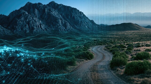 Rugged landscape merges with digital data streams, a path leads forward