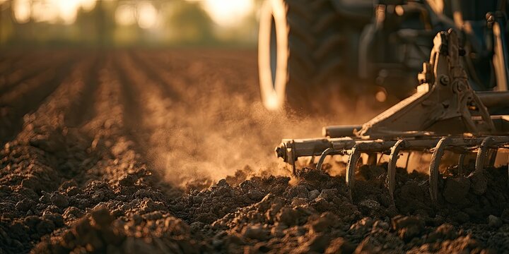 A large machine tills a dusty field at sunset, preparing the soil