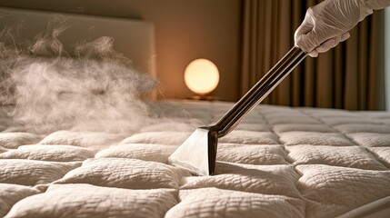 Obraz premium Mattress being deep cleaned with steam from a handheld appliance