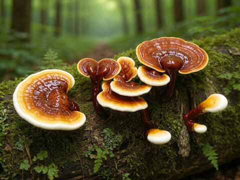 Ultra Photorealistic Reishi Mushrooms (Ganoderma lucidum) Growing on Mossy Tree Trunk