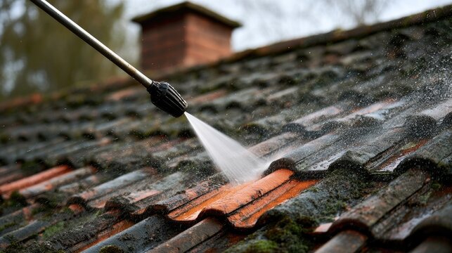 A high-pressure stream of water cleans algae and dirt from weathered roof tiles