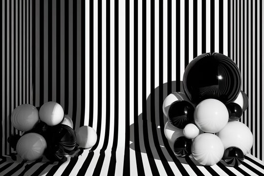 Two clusters of shiny spheres sit on a striped floor and backdrop
