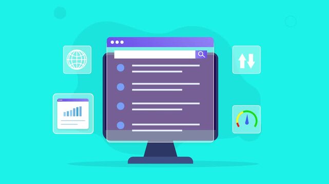 Flat vector animated desktop monitor displaying a network analytics dashboard with performance charts, global connectivity, monitoring, and workflow interface. Ideal for business, IT, and technology m