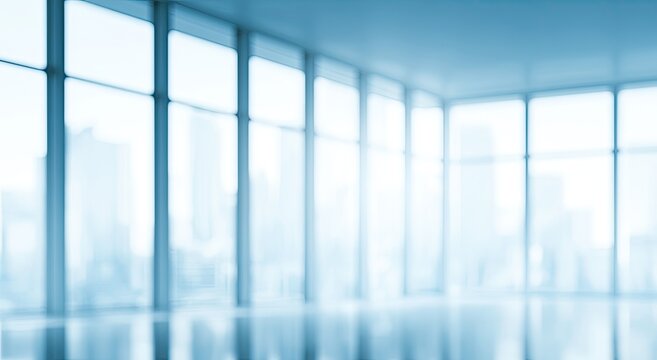 Bright, empty, modern interior with floor-to-ceiling windows and city skyline view
