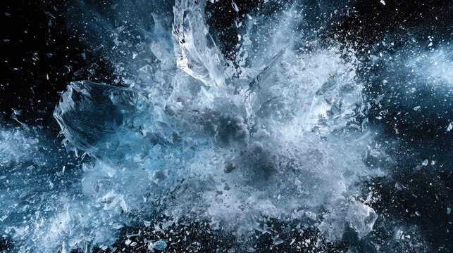Frozen fragments explode outward in a dazzling, icy spectacle against dark