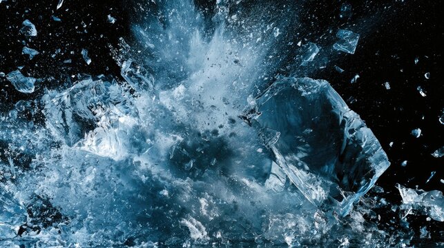 Shards of ice explode outward in a frozen, dynamic, high-speed moment