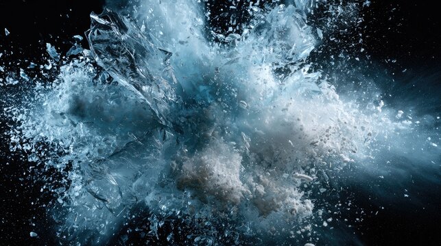 Ethereal ice shards and water droplets explode outward against a dark backdrop