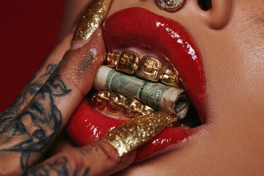Red lips with gold teeth, finger adorned with gold nails touches rolled bill