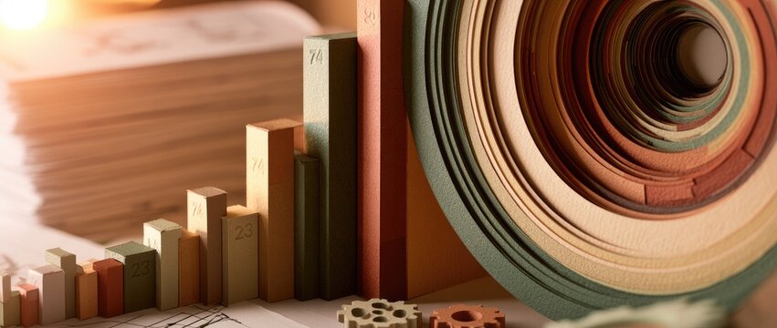 Close-up of rising bar graph and layered paper rolls, symbolizing growth