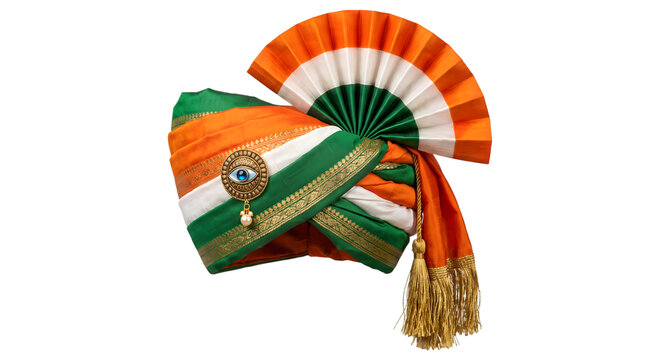 Traditional indian turban pagri in tricolor flag colors with jewel brooch isolated on transparent background